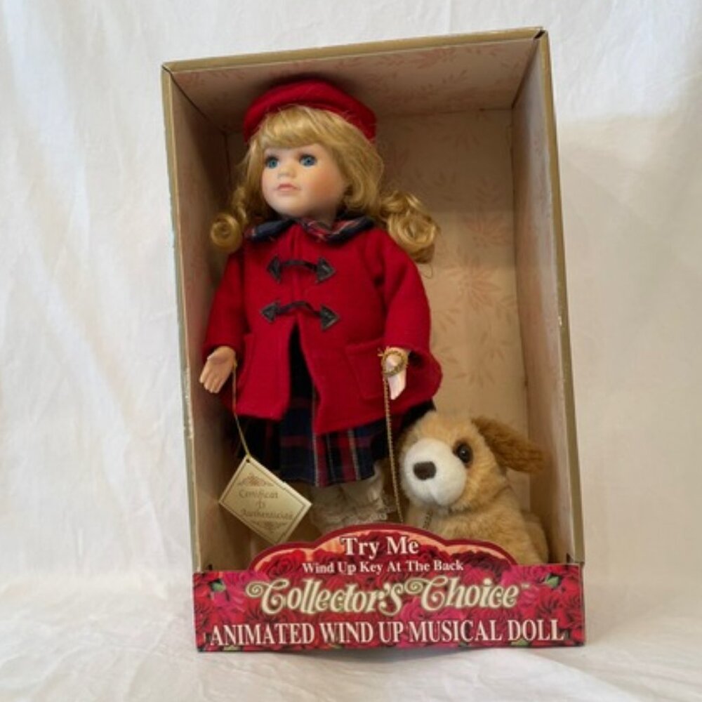 Collectors Choice Wind Up Doll W/ Puppy Blonde Porcelain Collector Doll